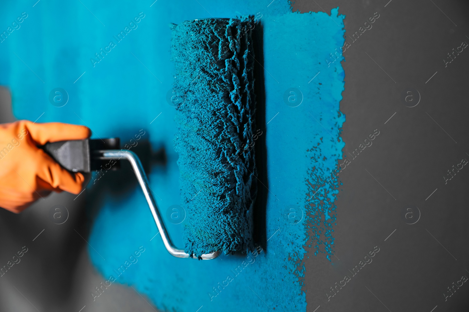 Photo of Woman painting grey wall with blue dye, closeup