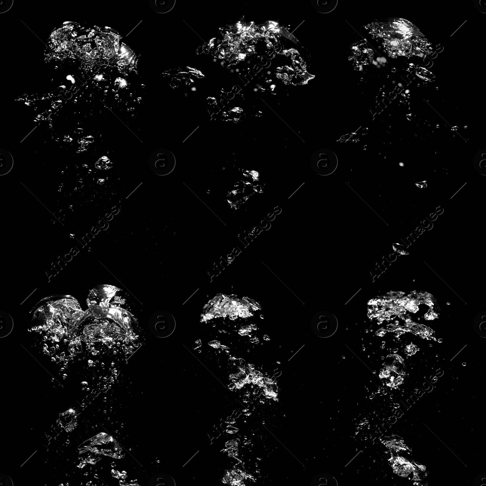 Image of Collage with air bubbles in water on black background