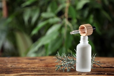 Photo of Bottle of juniper essential oil and fresh twig on wooden table against blurred background. space for text