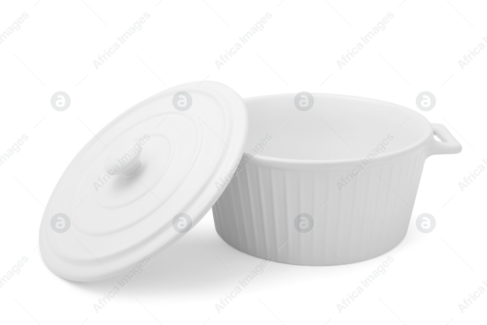 Photo of One empty ceramic pot with lid isolated on white
