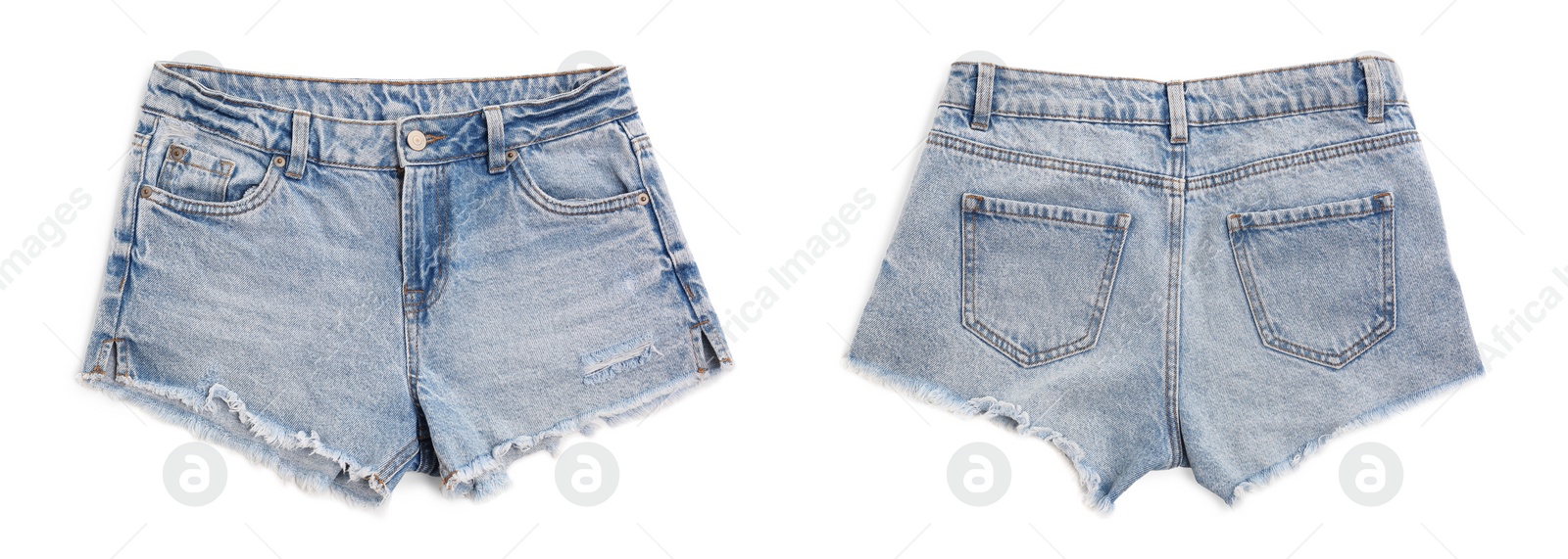 Image of Different jean shorts on white background, top view. Collage with back and front views