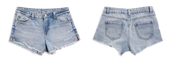 Image of Different jean shorts on white background, top view. Collage with back and front views