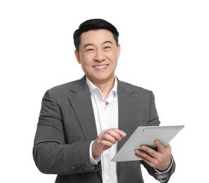 Photo of Businessman in suit using tablet on white background