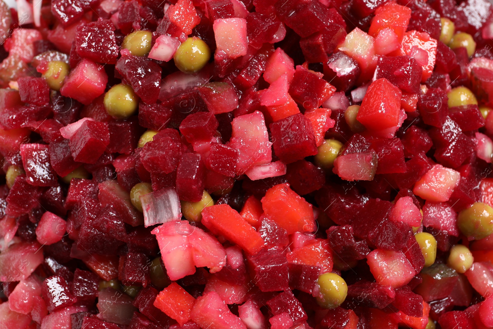 Photo of Delicious fresh vinaigrette salad as background, top view