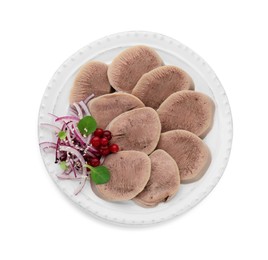 Photo of Tasty beef tongue pieces, berries and red onion isolated on white, top view