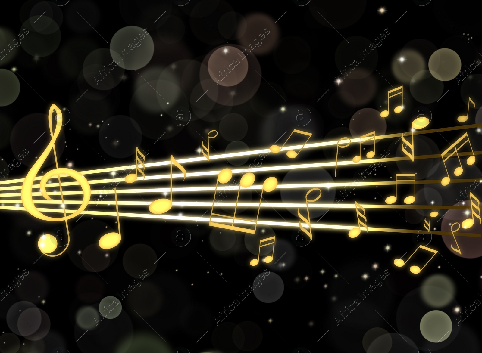 Illustration of Staff with music notes and treble clef on black background, bokeh effect