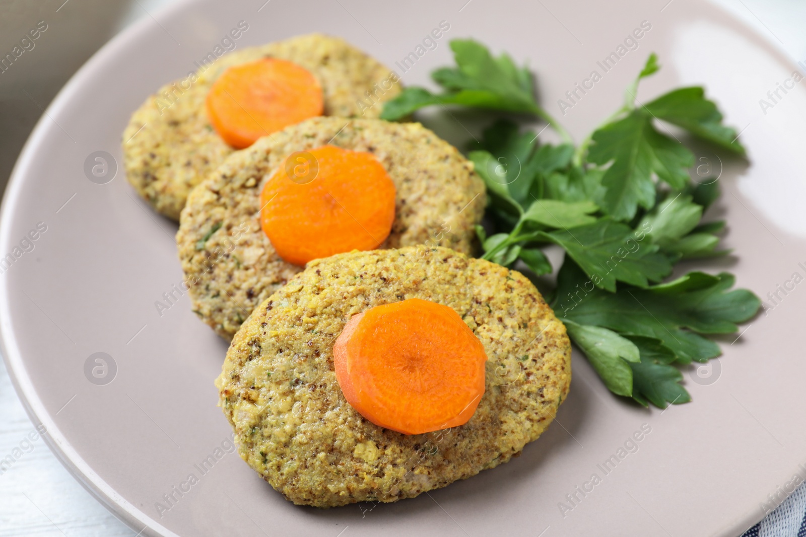 Photo of Plate of traditional Passover (Pesach) gefilte fish, closeup