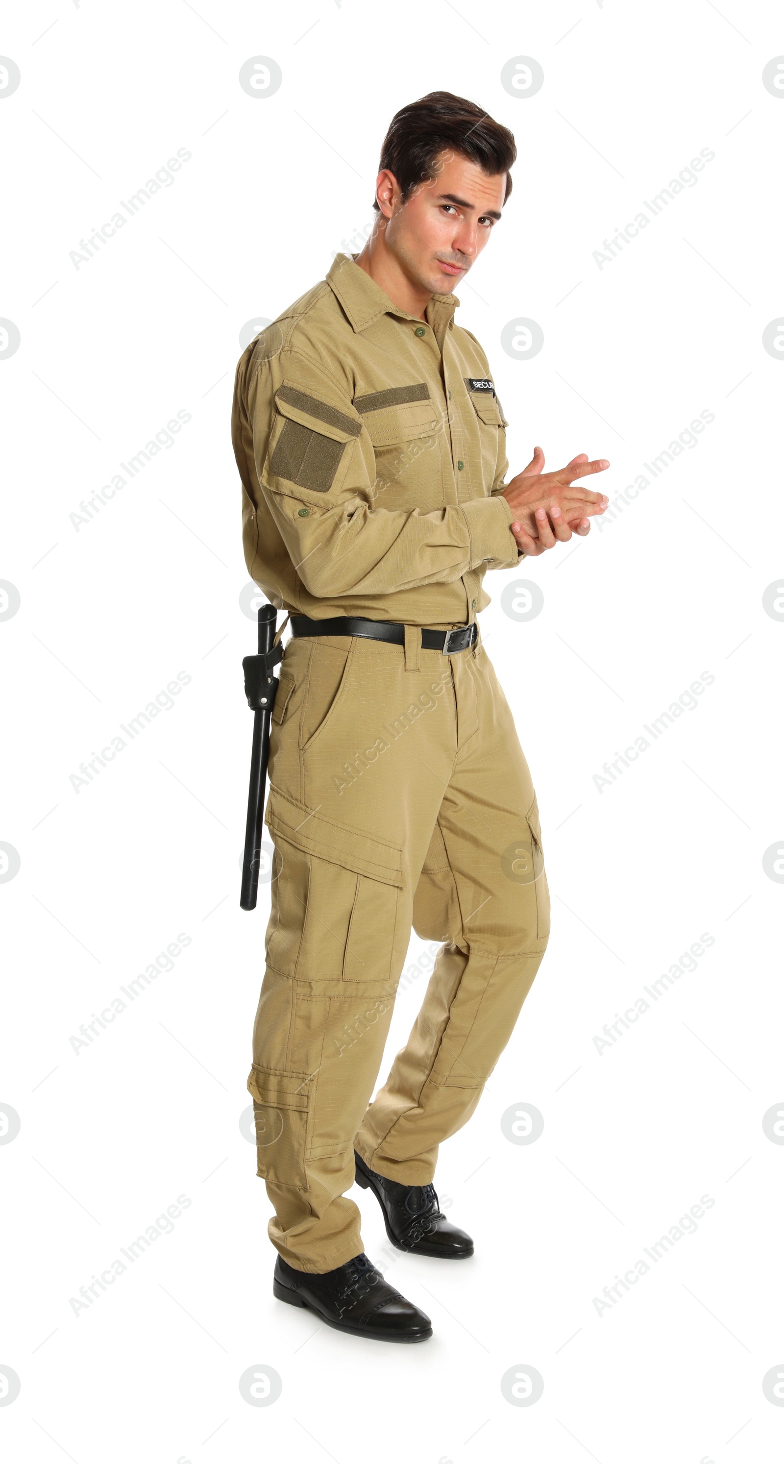 Photo of Male security guard in uniform on white background