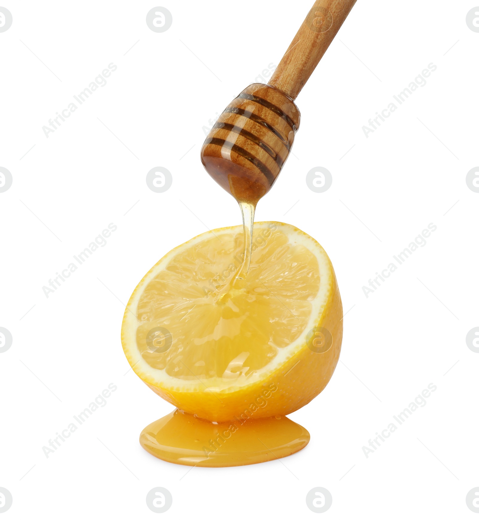 Photo of Dripping sweet honey from dipper onto fresh lemon on white background
