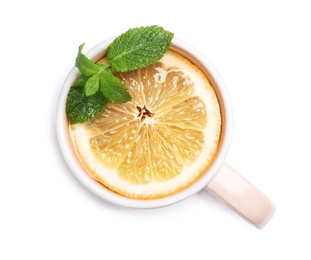 Cup of tea with lemon on white background, top view