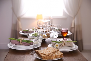 Festive Passover table setting at home. Pesach celebration