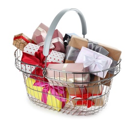 Shopping basket full of gift boxes on white background