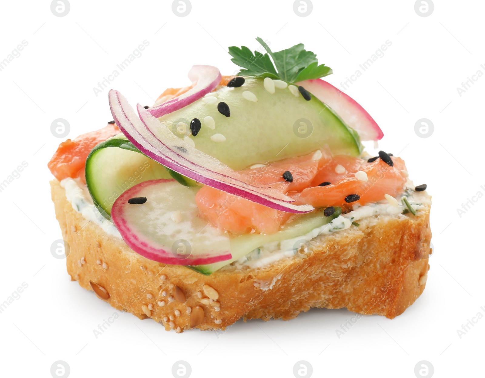 Photo of Tasty canape with salmon, cucumber, radish and cream cheese isolated on white