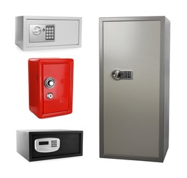 Image of Set with closed steel safes on white background