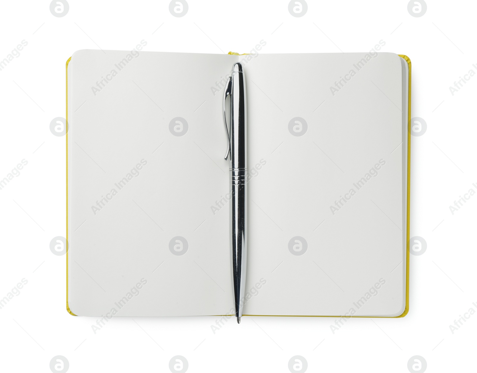 Photo of Open notebook with blank pages and pen isolated on white, top view