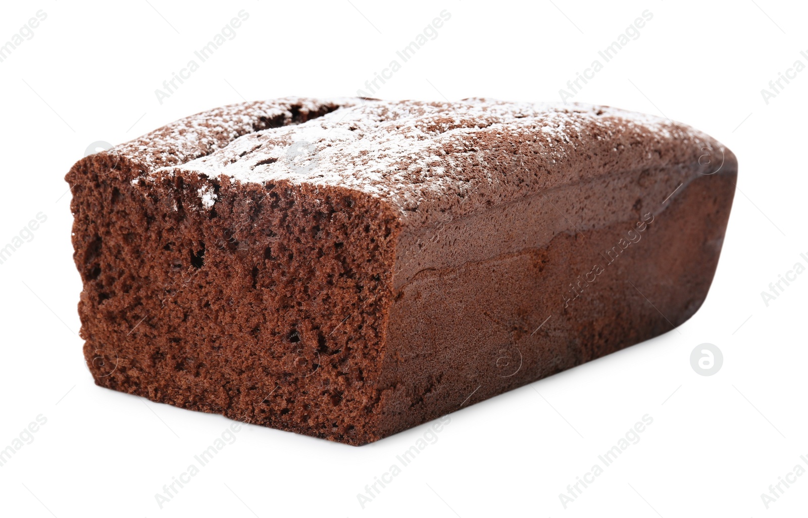 Photo of Tasty chocolate sponge cake with powdered sugar isolated on white