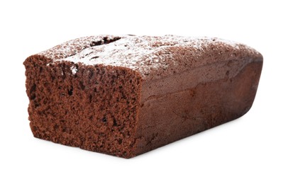 Photo of Tasty chocolate sponge cake with powdered sugar isolated on white