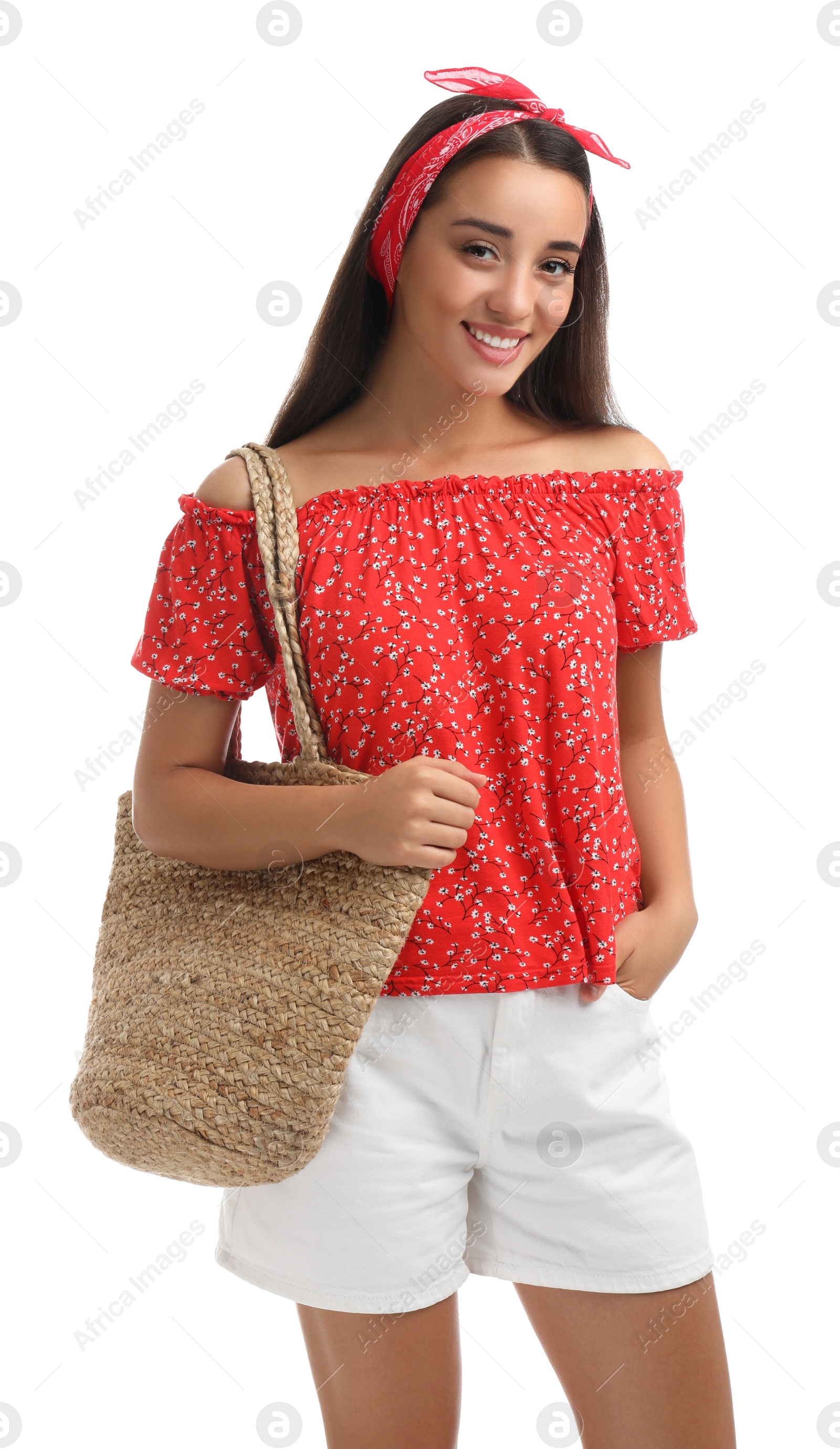 Photo of Young woman with stylish straw bag on white background