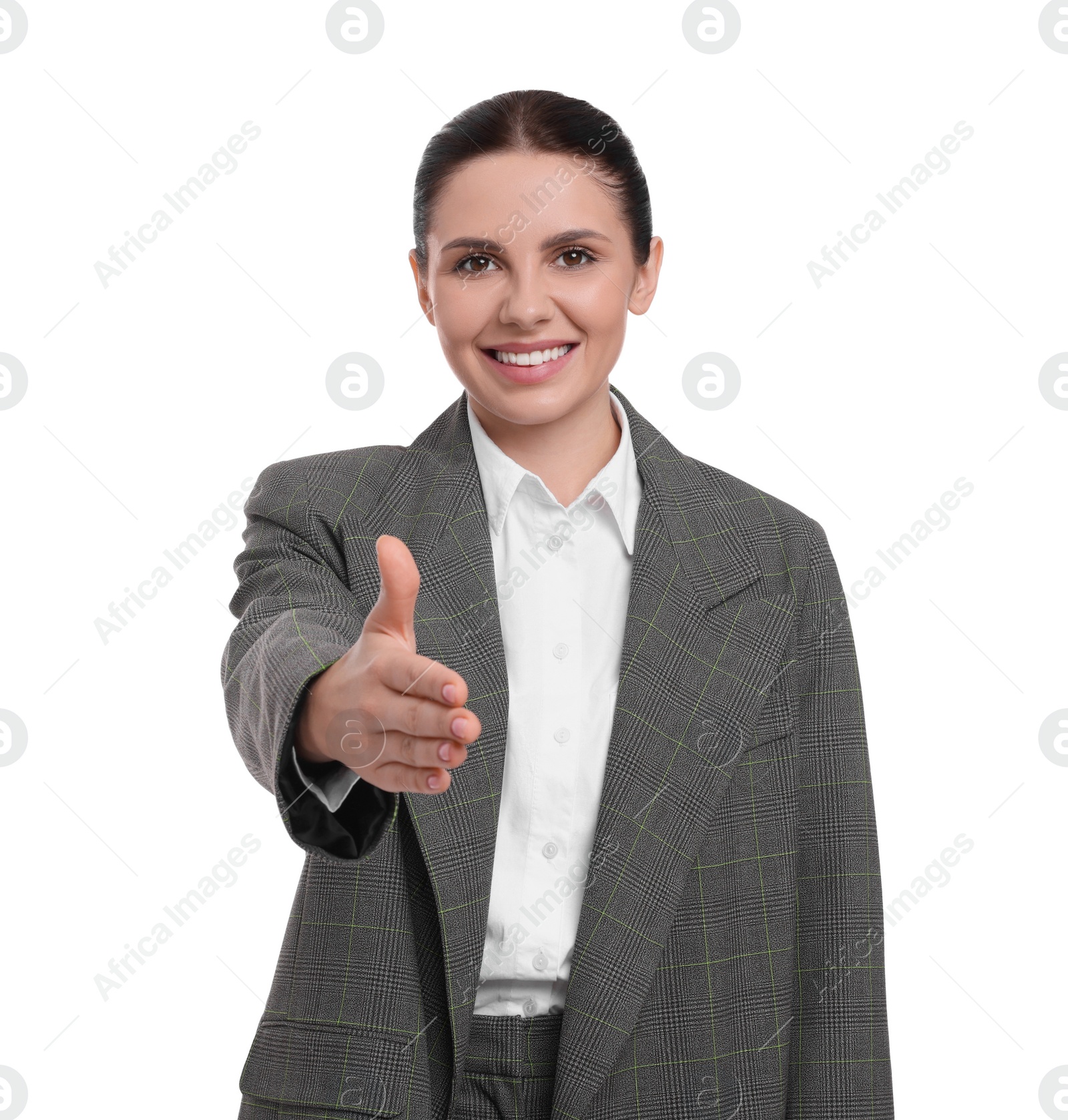 Photo of Beautiful happy businesswoman in suit on white background