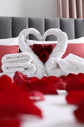 Honeymoon. Swans made with towels and beautiful rose petals on bed in room
