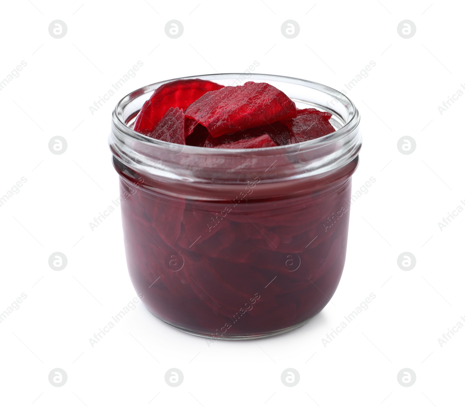 Photo of Pickled beets in jar isolated on white