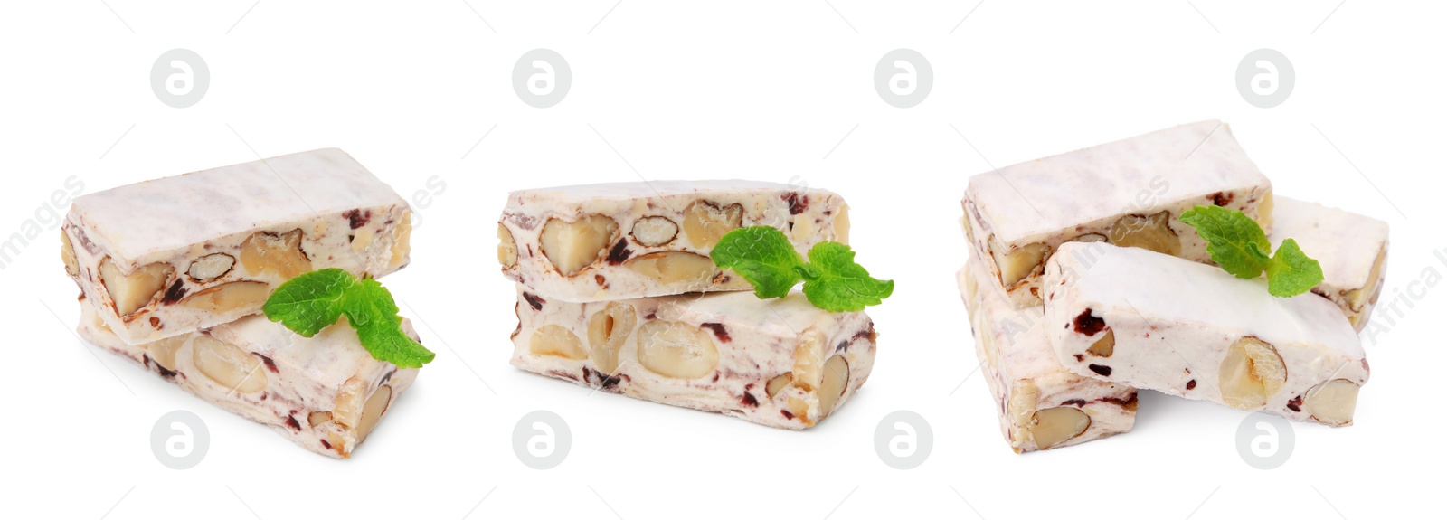 Image of Delicious nougat with nuts and mint on white background, collage design