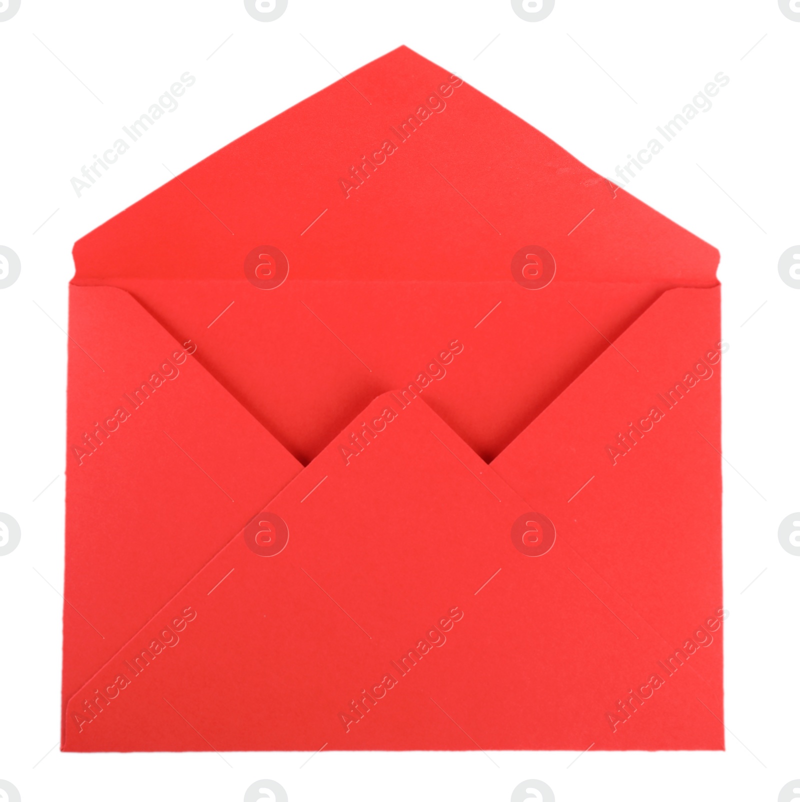 Photo of Open red letter envelope isolated on white, top view