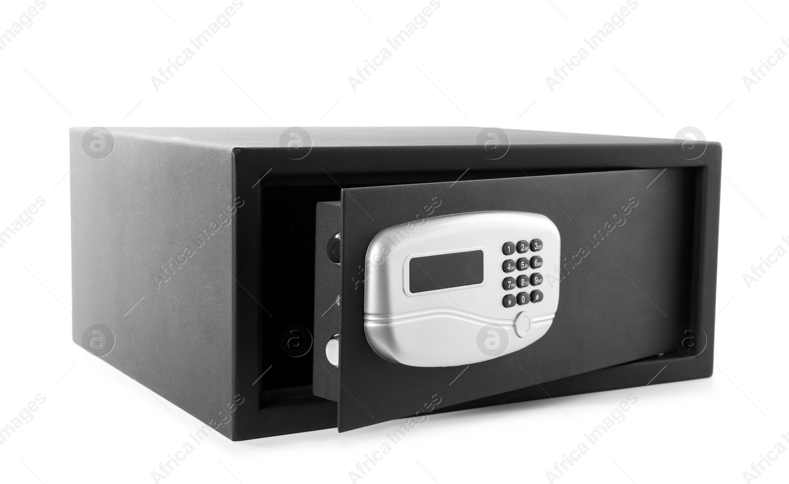 Photo of Black steel safe with electronic lock isolated on white