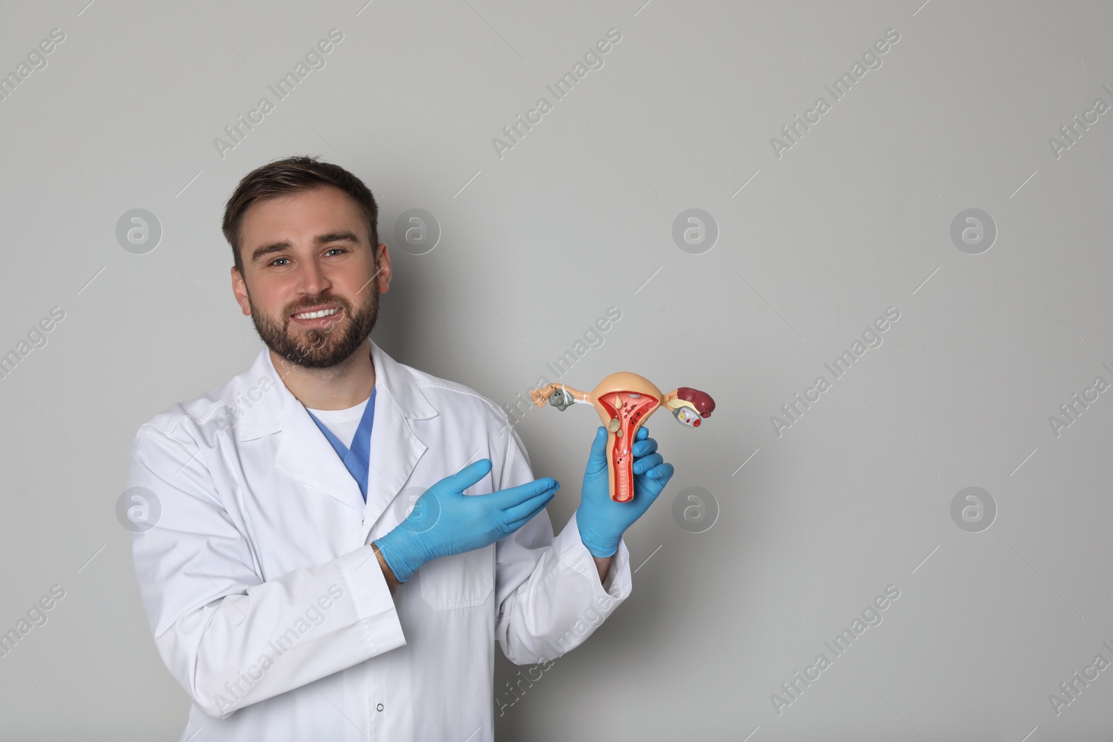 Photo of Doctor demonstrating model of female reproductive system on light grey background, space for text. Gynecological care