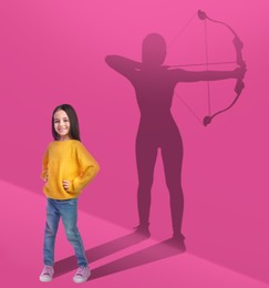Dream about future occupation. Smiling girl and silhouette of archer on pink background
