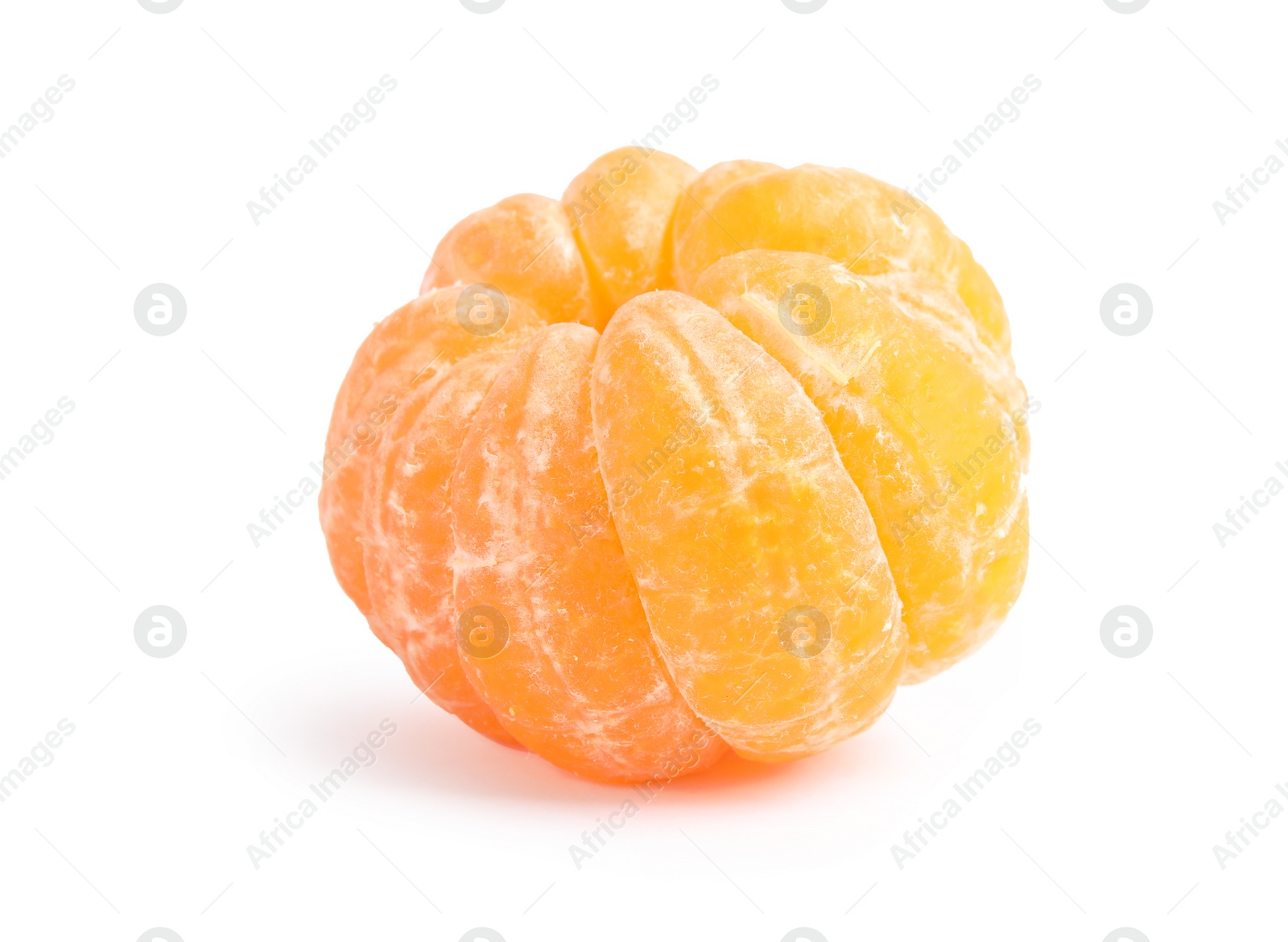 Photo of Peeled ripe tangerine on white background. Citrus fruit