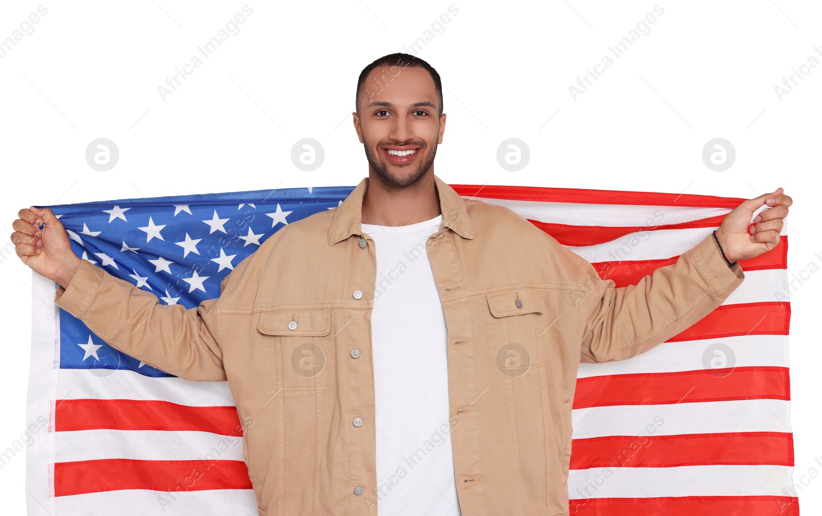 Image of 4th of July - Independence day of America. Happy man with national flag of United States on white background