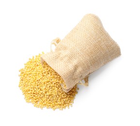 Photo of Sack with millet groats isolated on white, top view