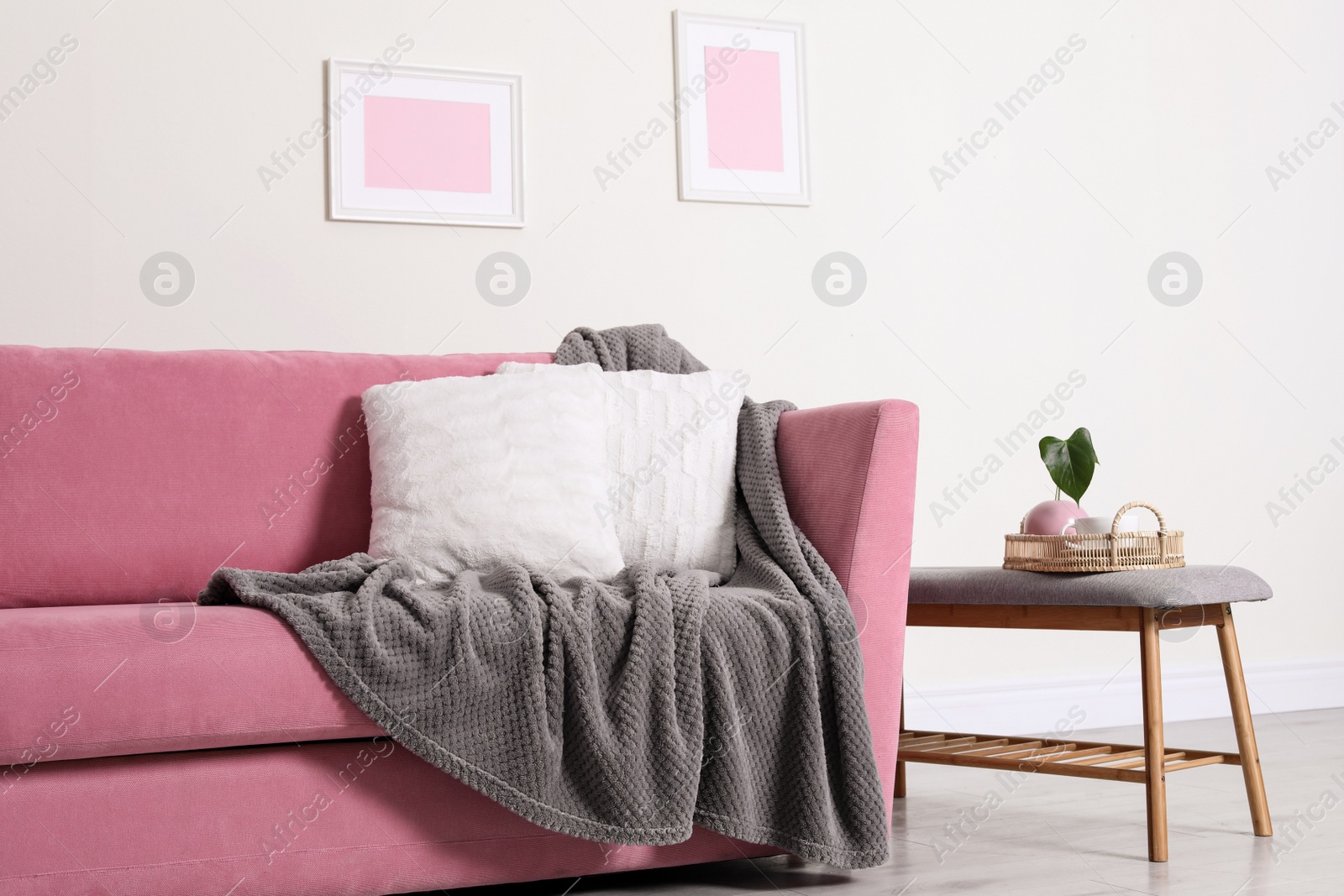 Photo of Cozy living room interior with sofa, pillows and plaid near light wall