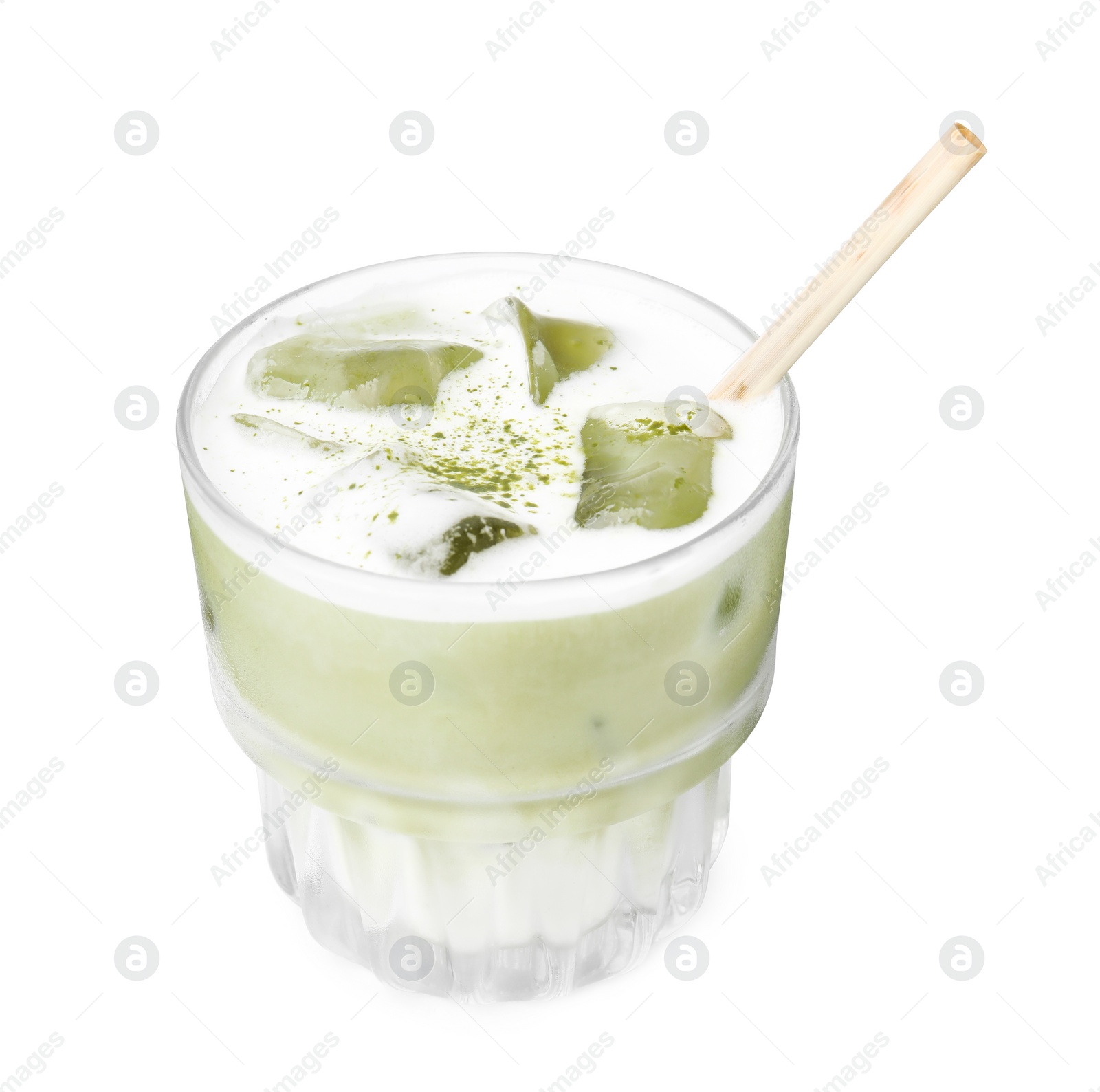 Photo of Glass of tasty iced matcha latte isolated on white