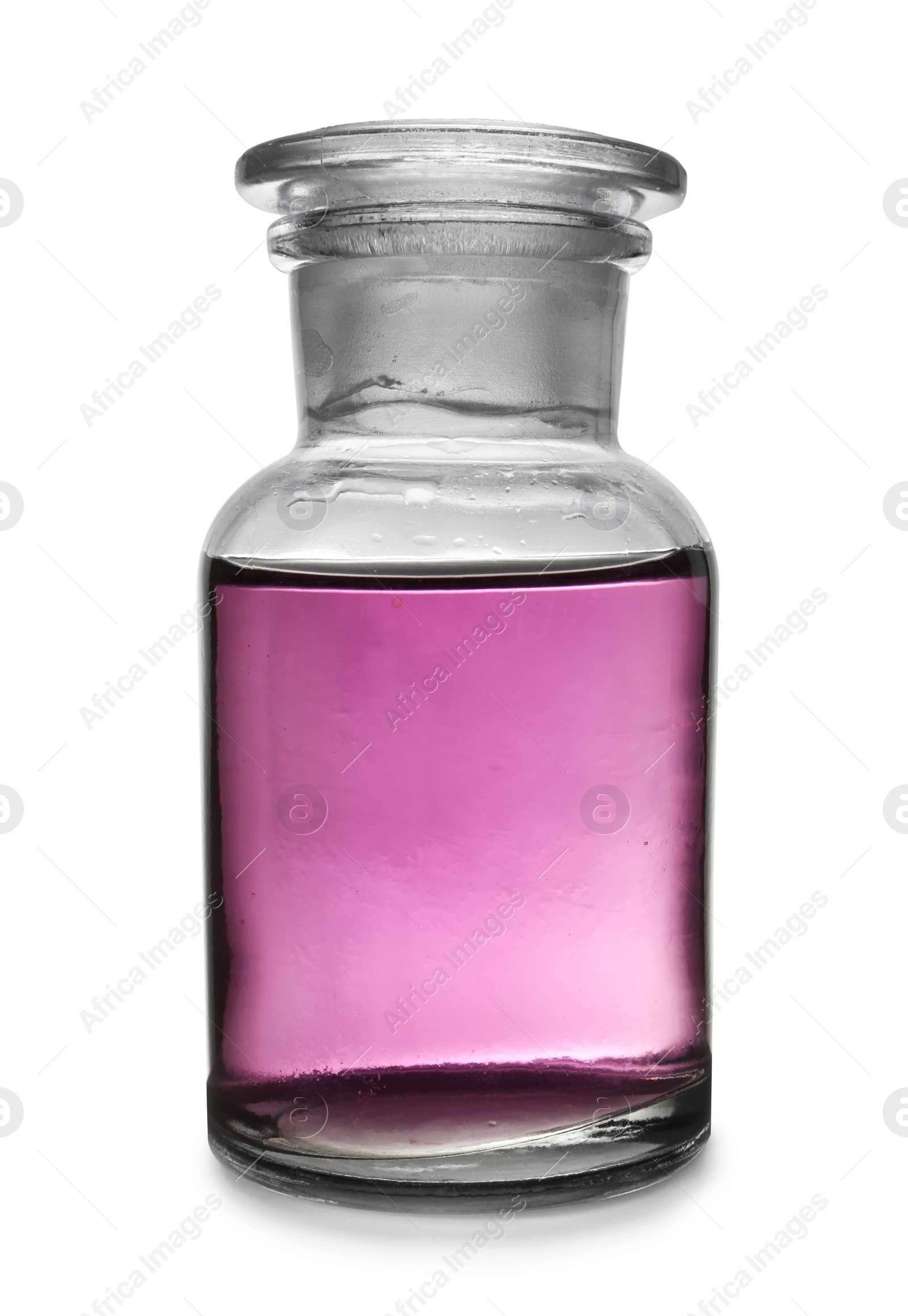 Image of Glass apothecary bottle with purple liquid sample isolated on white. Laboratory analysis