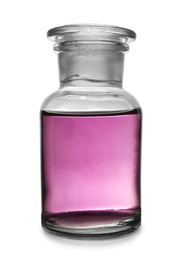 Image of Glass apothecary bottle with purple liquid sample isolated on white. Laboratory analysis