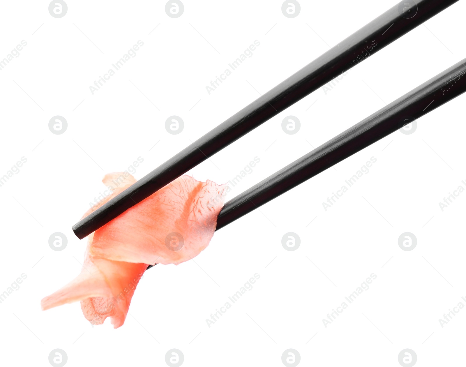 Photo of Chopsticks with pickled ginger on white background