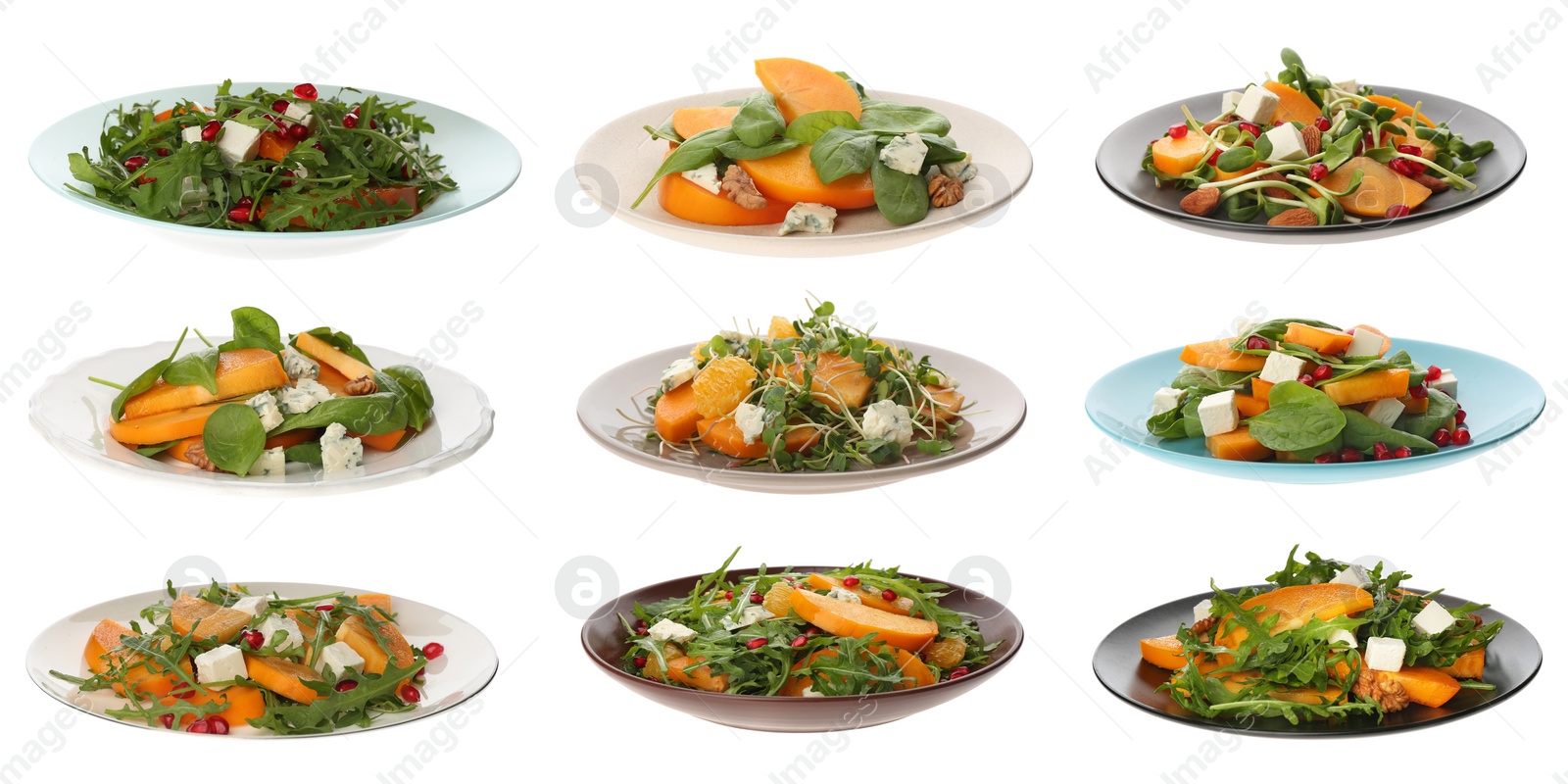 Image of Set with tasty persimmon salads on white background