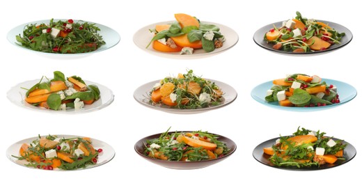 Image of Set with tasty persimmon salads on white background