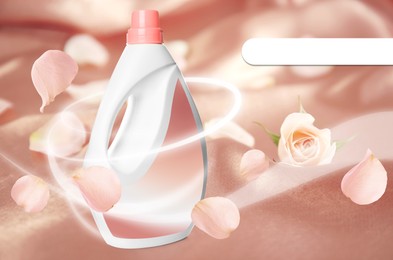 Image of Fabric softener advertising design. Rose petals flying around bottle of conditioner on color background