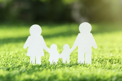 Photo of Paper cutout of family on fresh grass. Life insurance concept