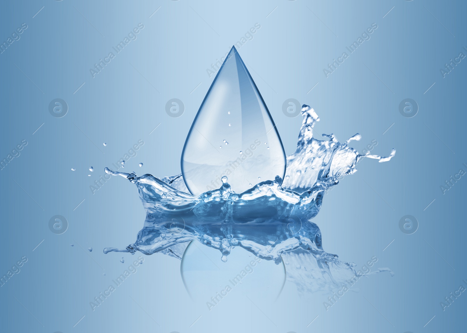 Image of Water drop falling into water on light blue background