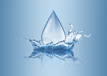 Image of Water drop falling into water on light blue background