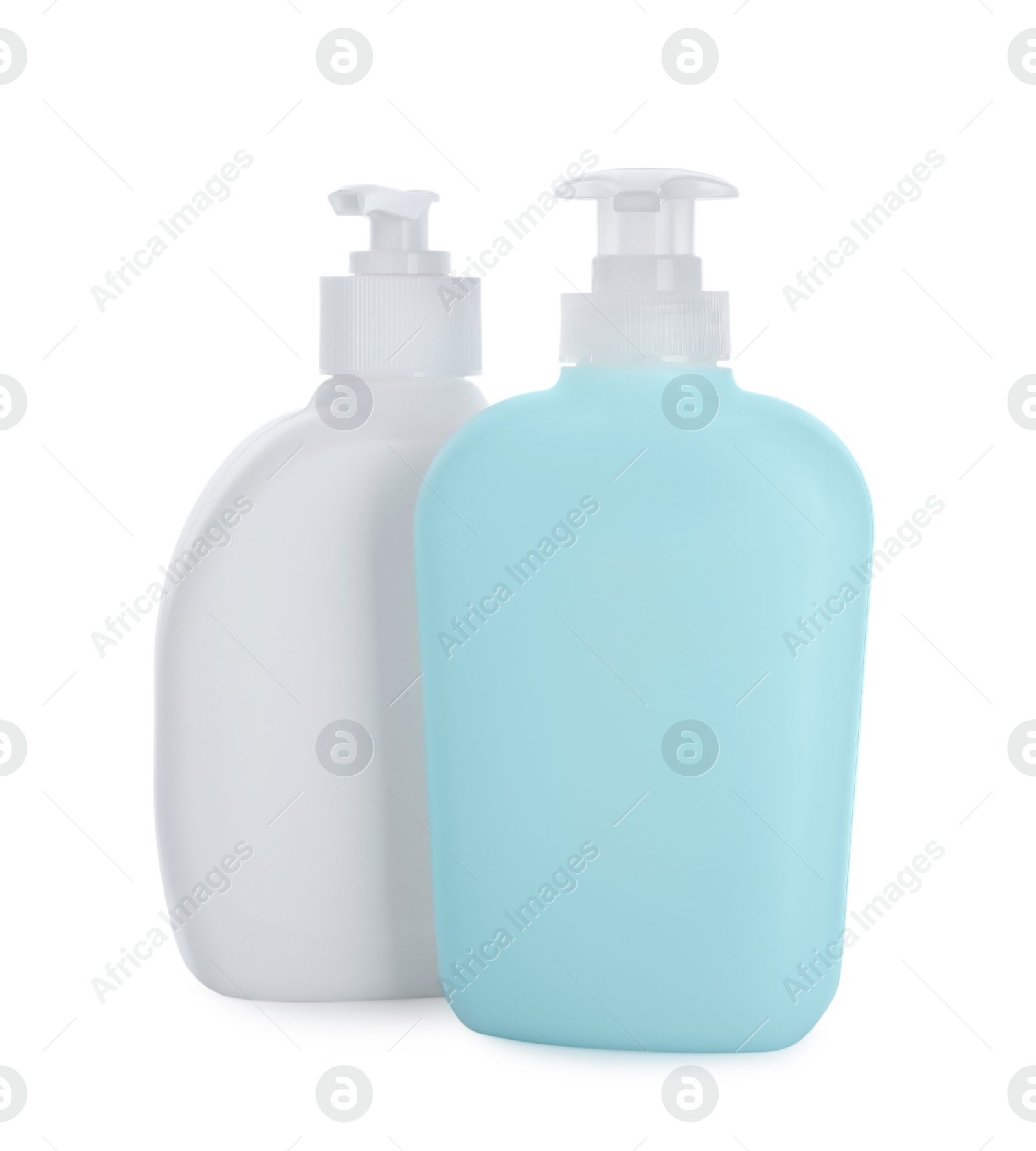 Photo of Dispensers of liquid soap on white background