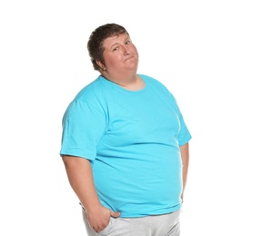 Portrait of overweight man posing on white background