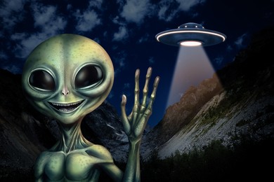 Image of UFO. Alien and flying spaceship in mountains at night. Extraterrestrial visitors