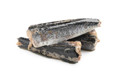 Photo of Delicious canned mackerel fillets on white background