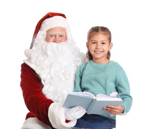Photo of Authentic Santa Claus and little girl with book on white background