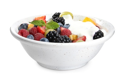 Photo of Fresh tasty fruit salad with yogurt on white background